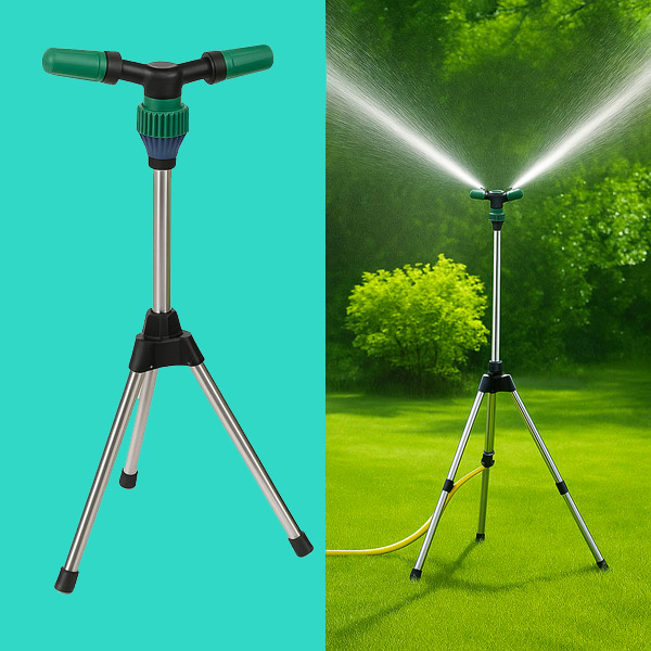 Irrigatore A Treppiede Regolabile 360° In Acciaio Inox - Altezza Regolabile Con Ugello E Connettore Rapido - Per Giardino E Prato - 2